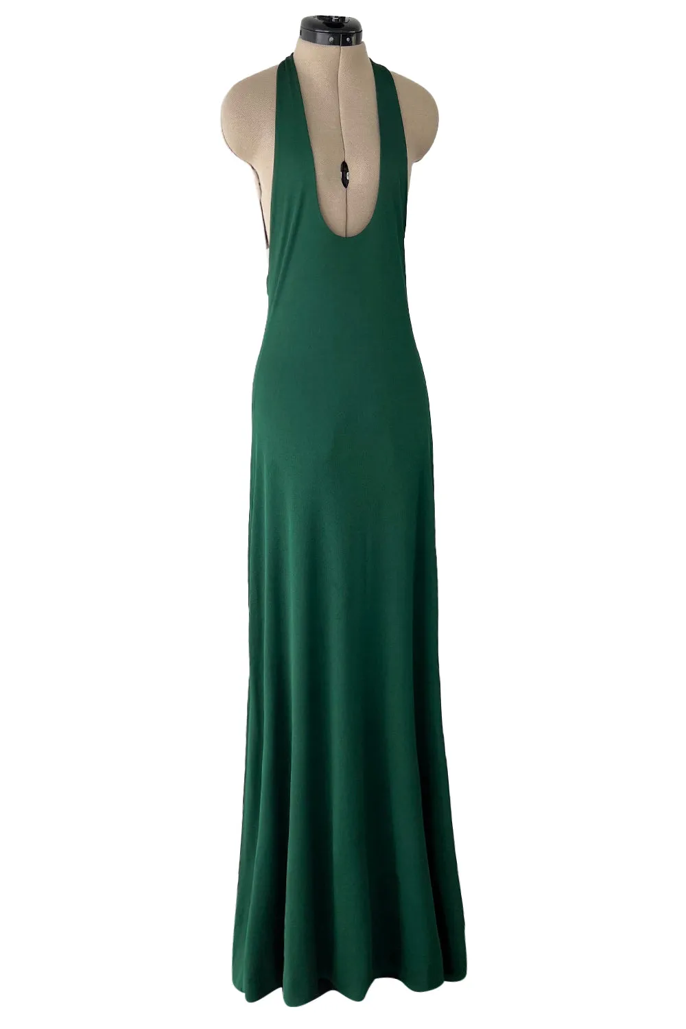 Sexiest 1974 Halston Couture Deep Green Silk Jersey Backless Dress w Front Plunge & Long Ties