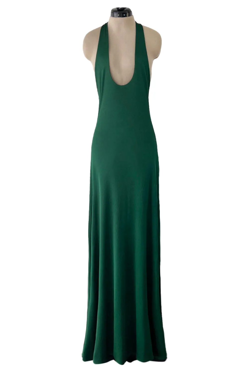 Sexiest 1974 Halston Couture Deep Green Silk Jersey Backless Dress w Front Plunge & Long Ties