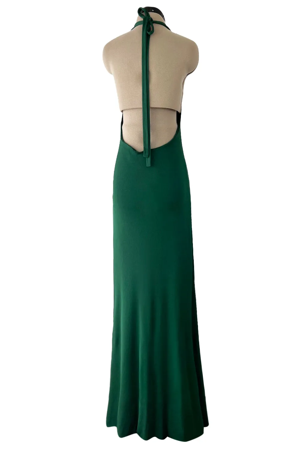 Sexiest 1974 Halston Couture Deep Green Silk Jersey Backless Dress w Front Plunge & Long Ties