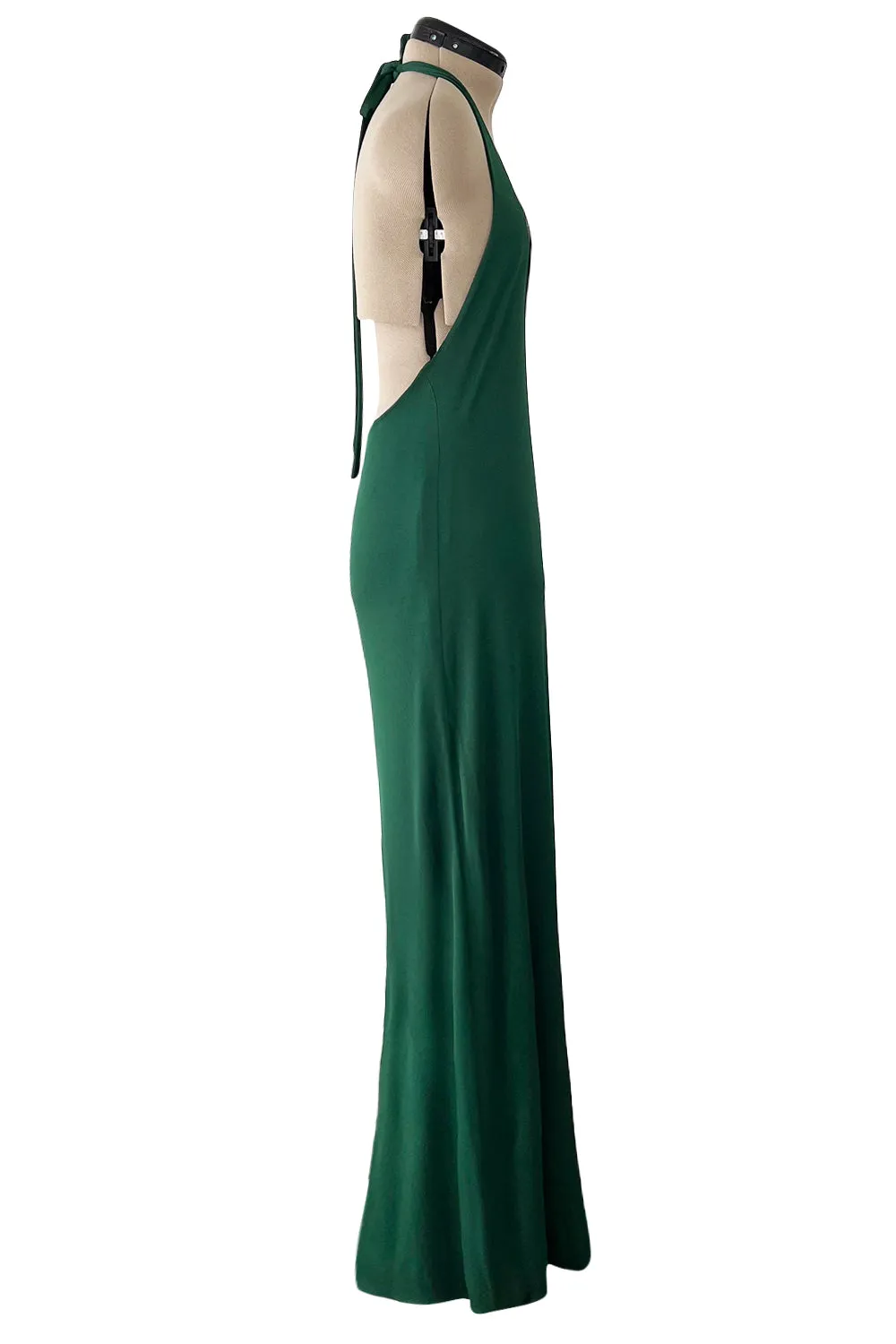 Sexiest 1974 Halston Couture Deep Green Silk Jersey Backless Dress w Front Plunge & Long Ties