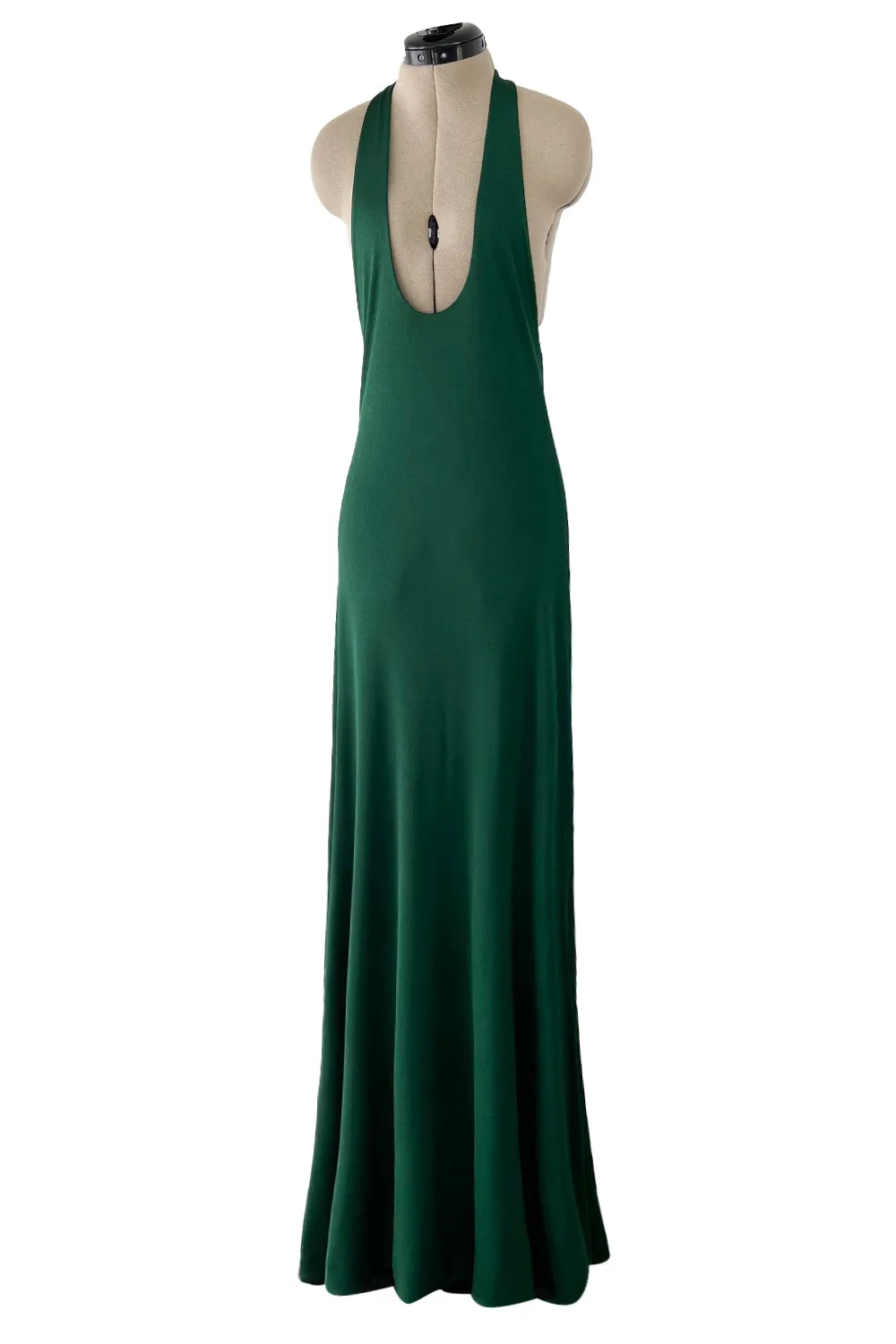 Sexiest 1974 Halston Couture Deep Green Silk Jersey Backless Dress w Front Plunge & Long Ties