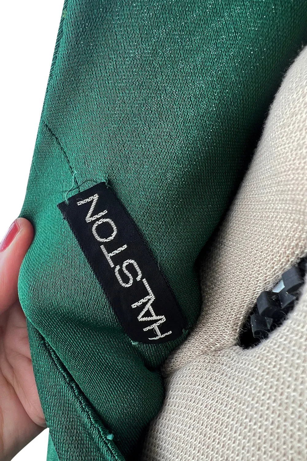 Sexiest 1974 Halston Couture Deep Green Silk Jersey Backless Dress w Front Plunge & Long Ties