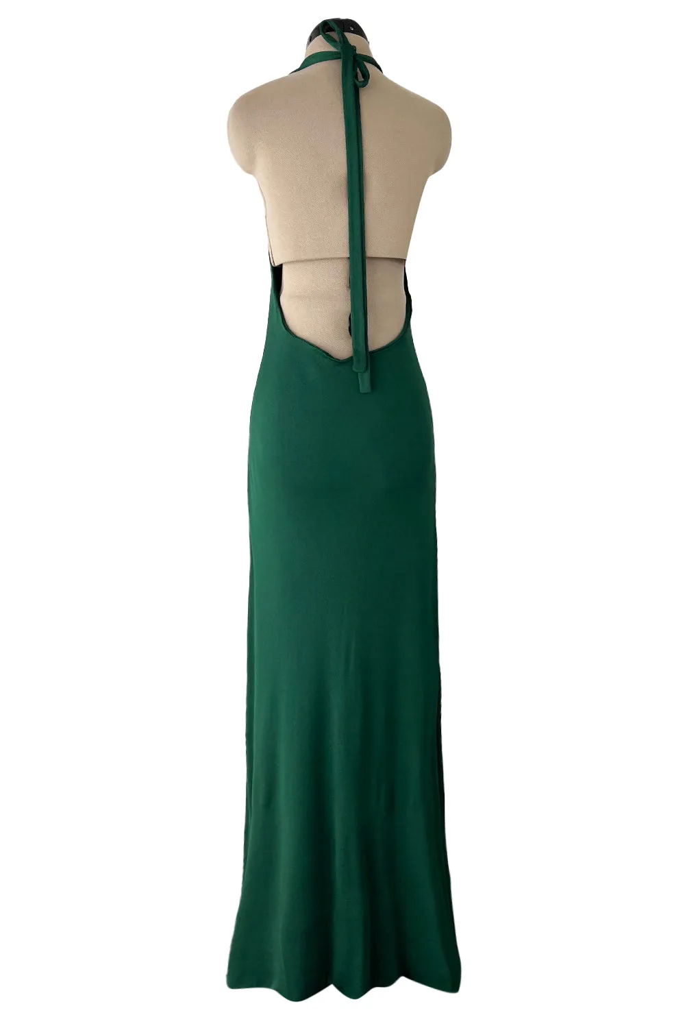 Sexiest 1974 Halston Couture Deep Green Silk Jersey Backless Dress w Front Plunge & Long Ties