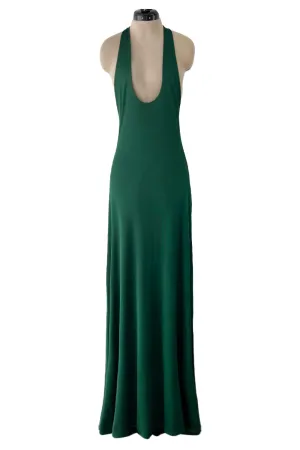 Sexiest 1974 Halston Couture Deep Green Silk Jersey Backless Dress w Front Plunge & Long Ties