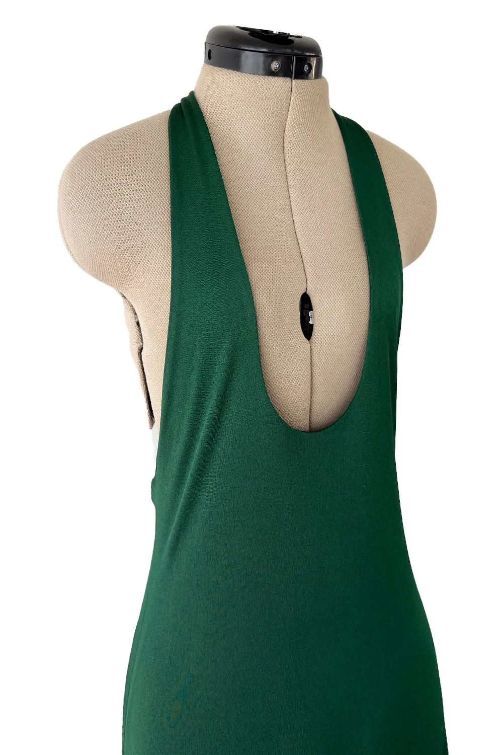 Sexiest 1974 Halston Couture Deep Green Silk Jersey Backless Dress w Front Plunge & Long Ties