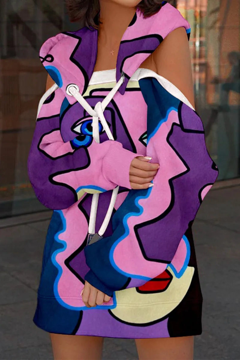 Sexy Street Geometric Print Patchwork Hooded Collar Tops