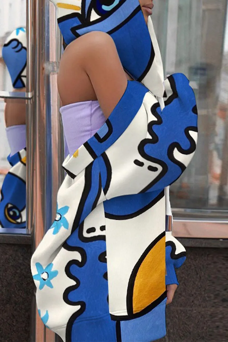 Sexy Street Geometric Print Patchwork Hooded Collar Tops