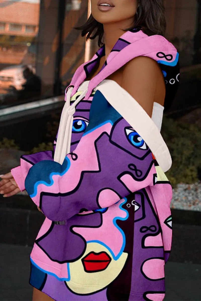 Sexy Street Geometric Print Patchwork Hooded Collar Tops