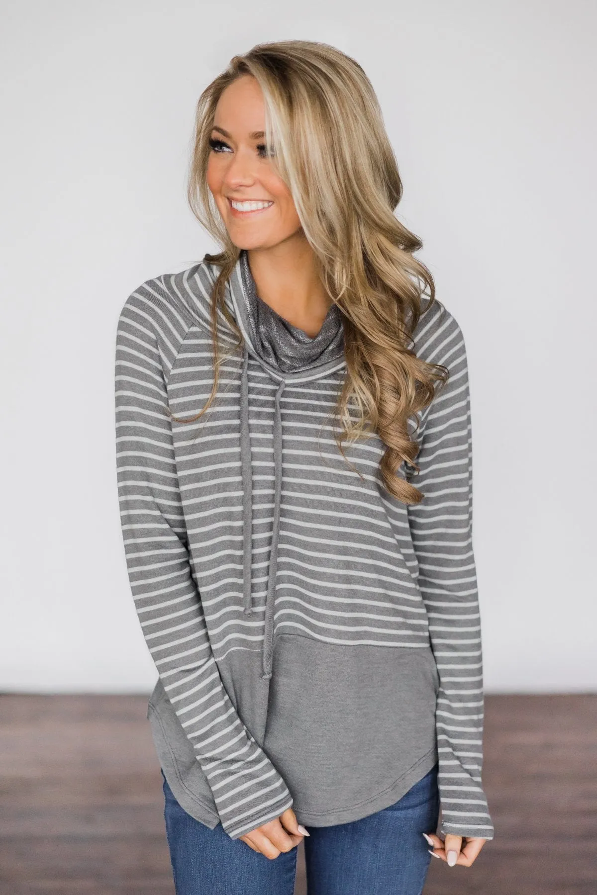 Shades of Cool Striped Cowl Neck Top ~ Light Grey