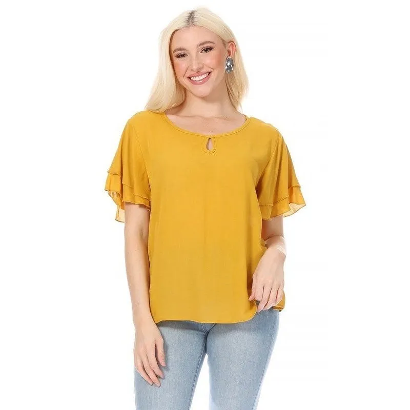 Short flutter sleeve round neck keyhole blouse.