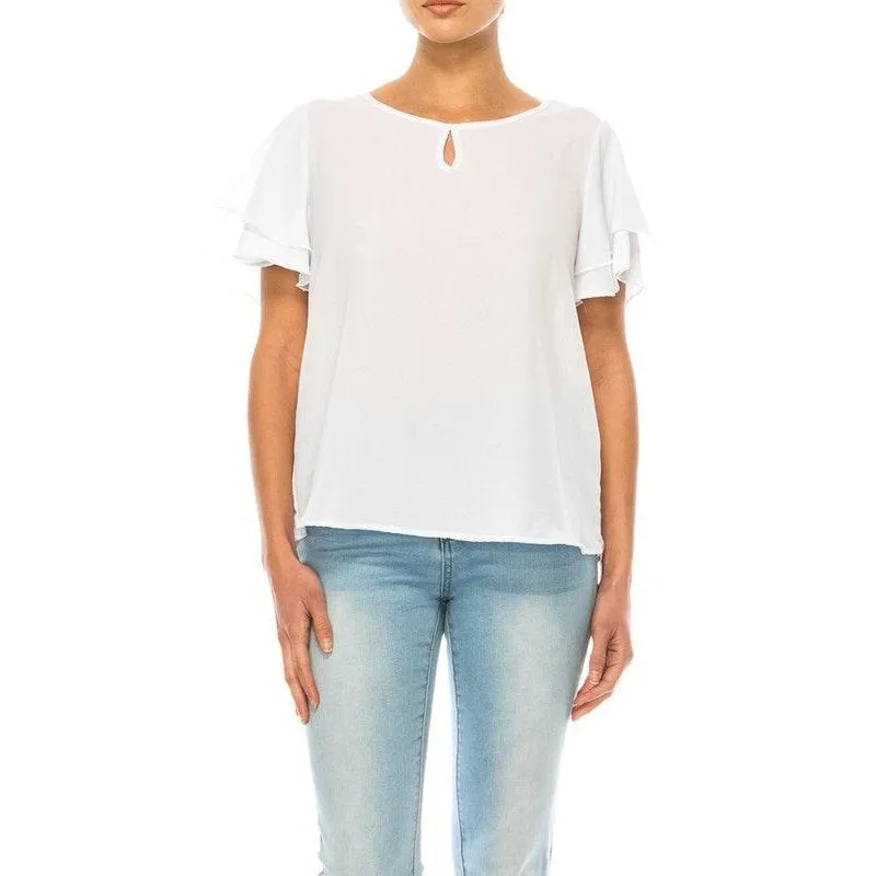 Short flutter sleeve round neck keyhole blouse.