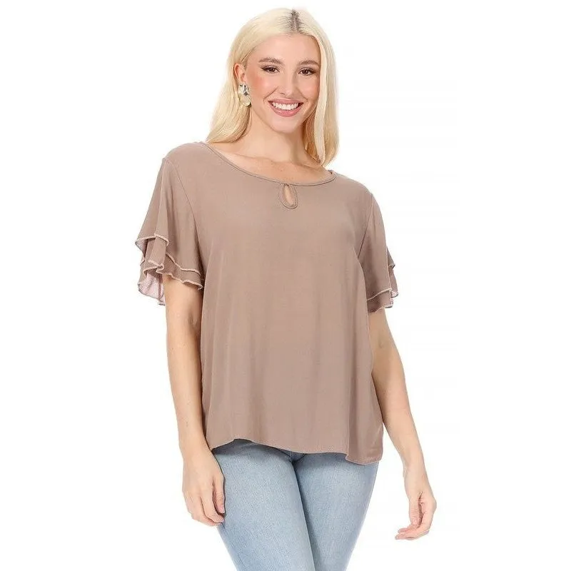Short flutter sleeve round neck keyhole blouse.