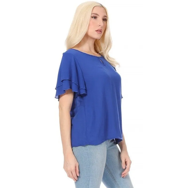 Short flutter sleeve round neck keyhole blouse.