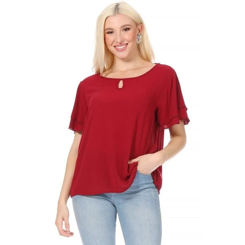 Short flutter sleeve round neck keyhole blouse.