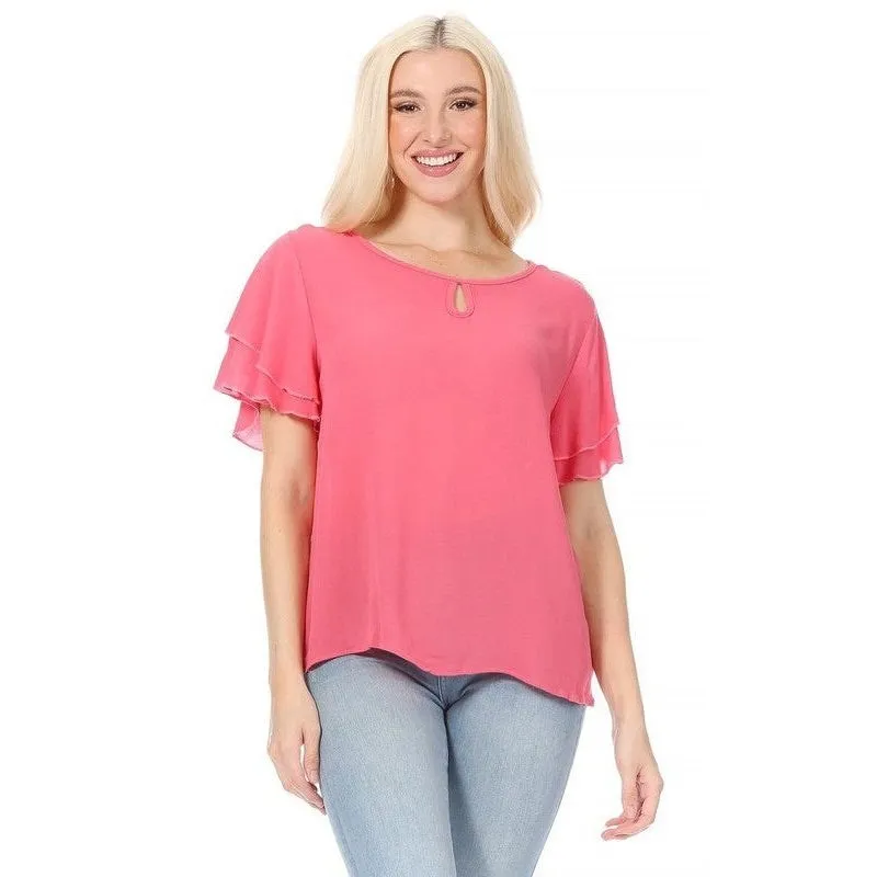 Short flutter sleeve round neck keyhole blouse.