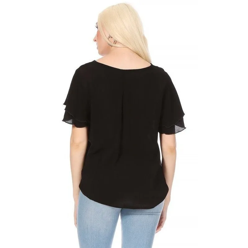 Short flutter sleeve round neck keyhole blouse.