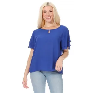 Short flutter sleeve round neck keyhole blouse.