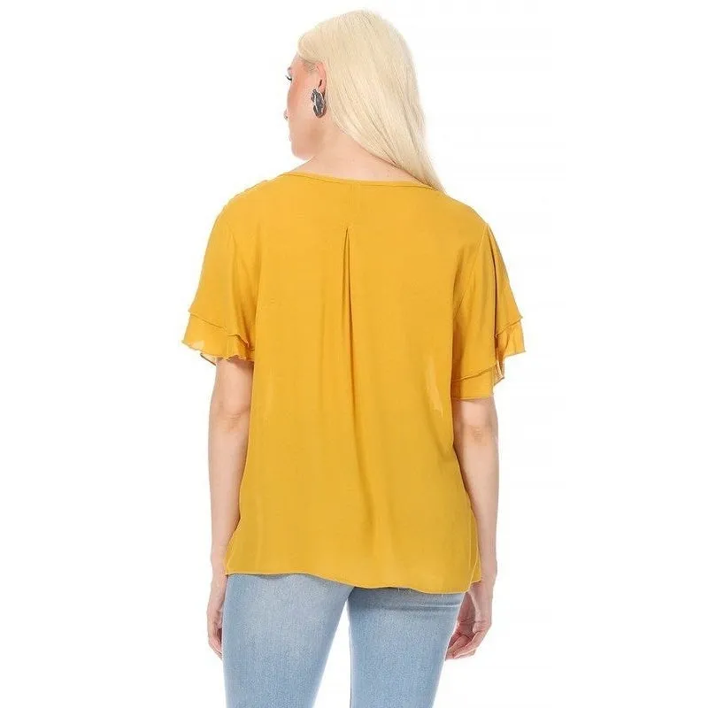 Short flutter sleeve round neck keyhole blouse.
