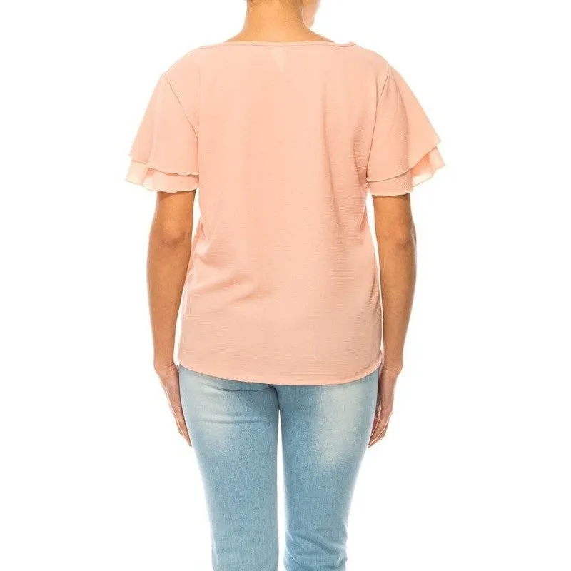 Short flutter sleeve round neck keyhole blouse.