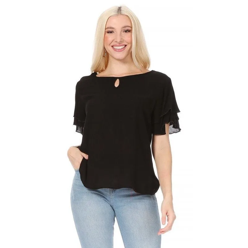 Short flutter sleeve round neck keyhole blouse.