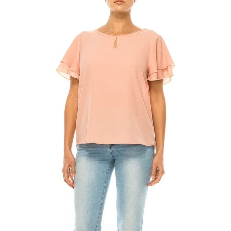 Short flutter sleeve round neck keyhole blouse.