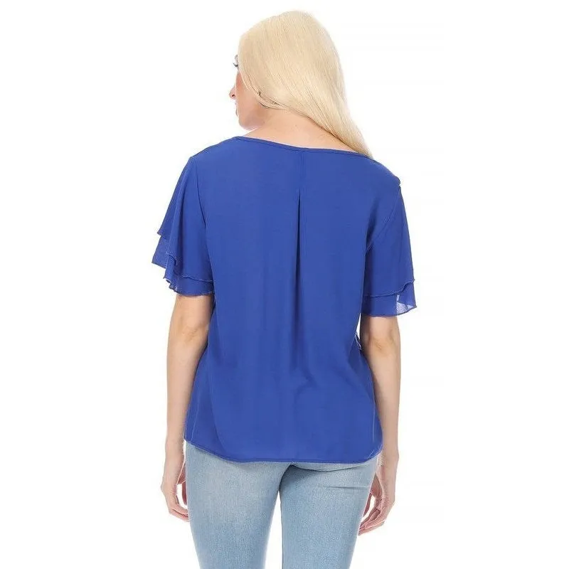 Short flutter sleeve round neck keyhole blouse.
