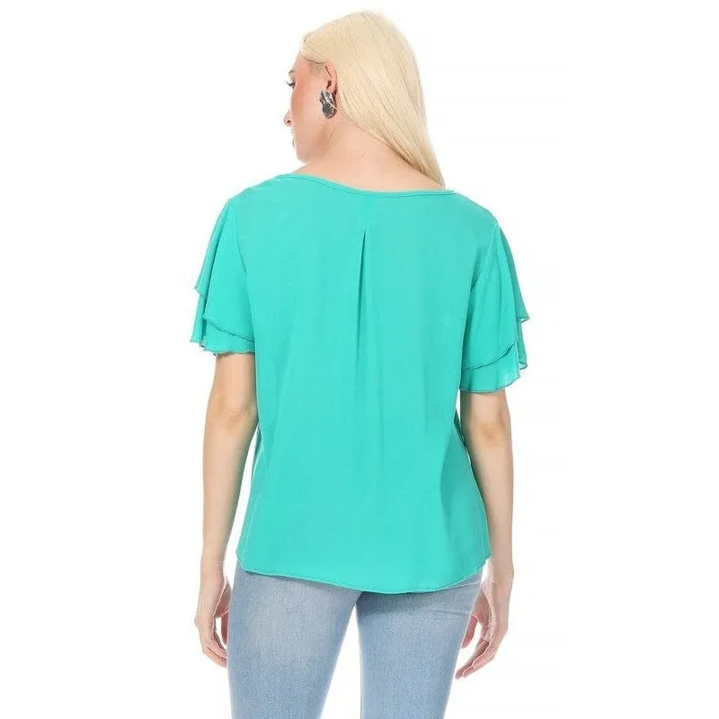 Short flutter sleeve round neck keyhole blouse.