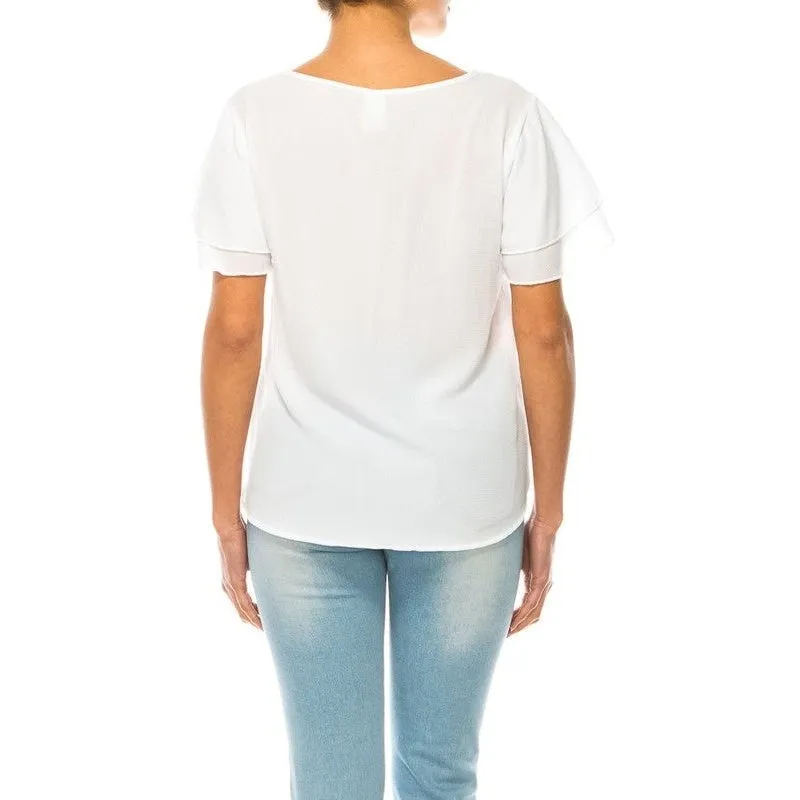 Short flutter sleeve round neck keyhole blouse.