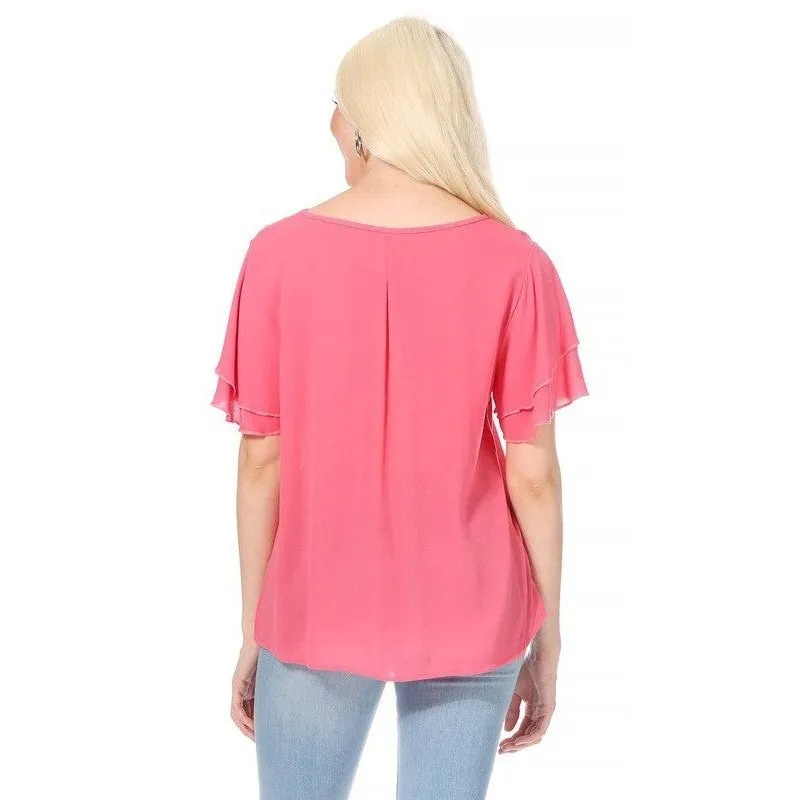 Short flutter sleeve round neck keyhole blouse.