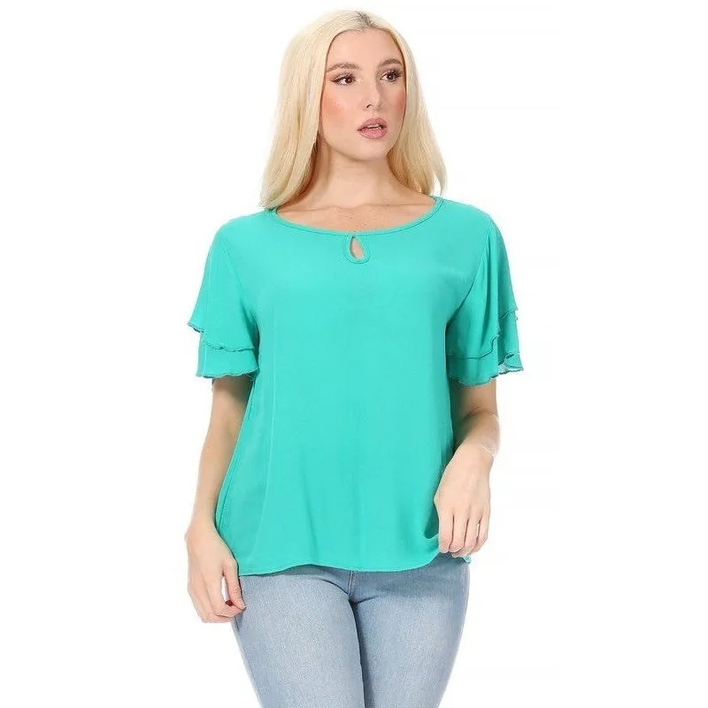 Short flutter sleeve round neck keyhole blouse.