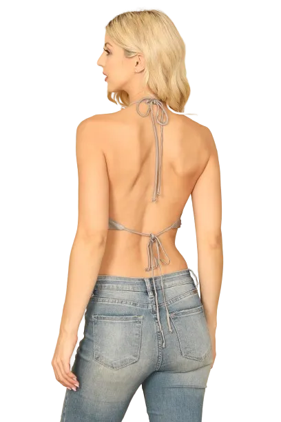 Silver Cowl Neck Tie Back Satiny Crop Top - Pack of 5