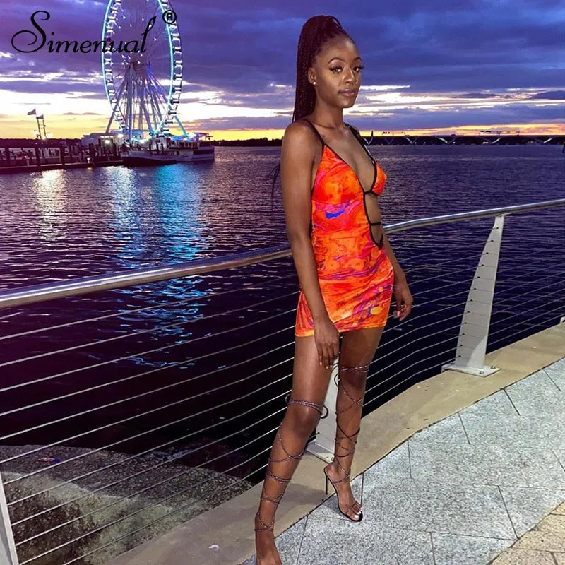 Simenual Hot Sexy Aushöhlen Heraus Gurt V-ausschnitt Party Kleid mit Handschuhe Frauen Clubwear Gedruckt Geburtstag Outfits Bodycon Mini Kleider