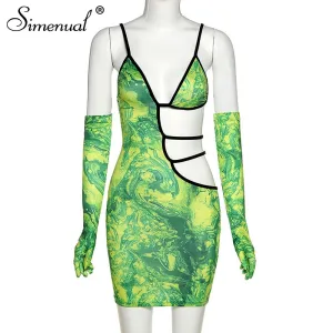 Simenual Hot Sexy Aushöhlen Heraus Gurt V-ausschnitt Party Kleid mit Handschuhe Frauen Clubwear Gedruckt Geburtstag Outfits Bodycon Mini Kleider