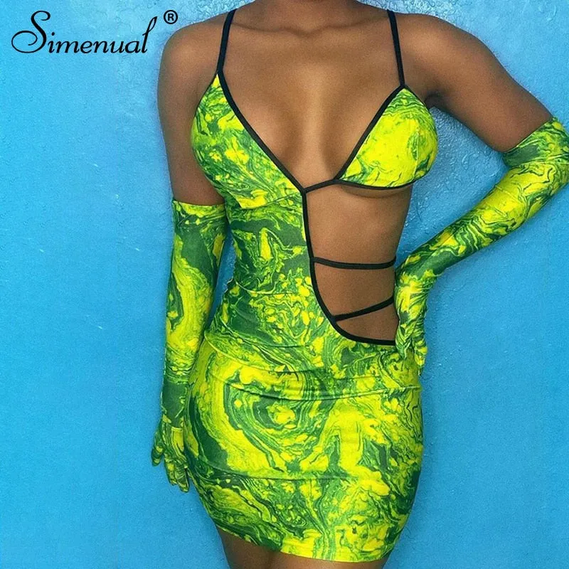 Simenual Hot Sexy Aushöhlen Heraus Gurt V-ausschnitt Party Kleid mit Handschuhe Frauen Clubwear Gedruckt Geburtstag Outfits Bodycon Mini Kleider
