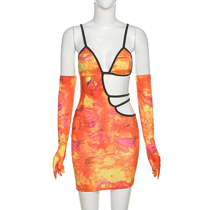 Simenual Hot Sexy Aushöhlen Heraus Gurt V-ausschnitt Party Kleid mit Handschuhe Frauen Clubwear Gedruckt Geburtstag Outfits Bodycon Mini Kleider
