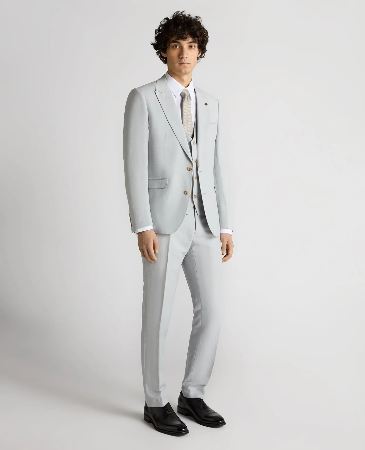 Slim Fit Linen-Blend Suit Jacket - Light Blue