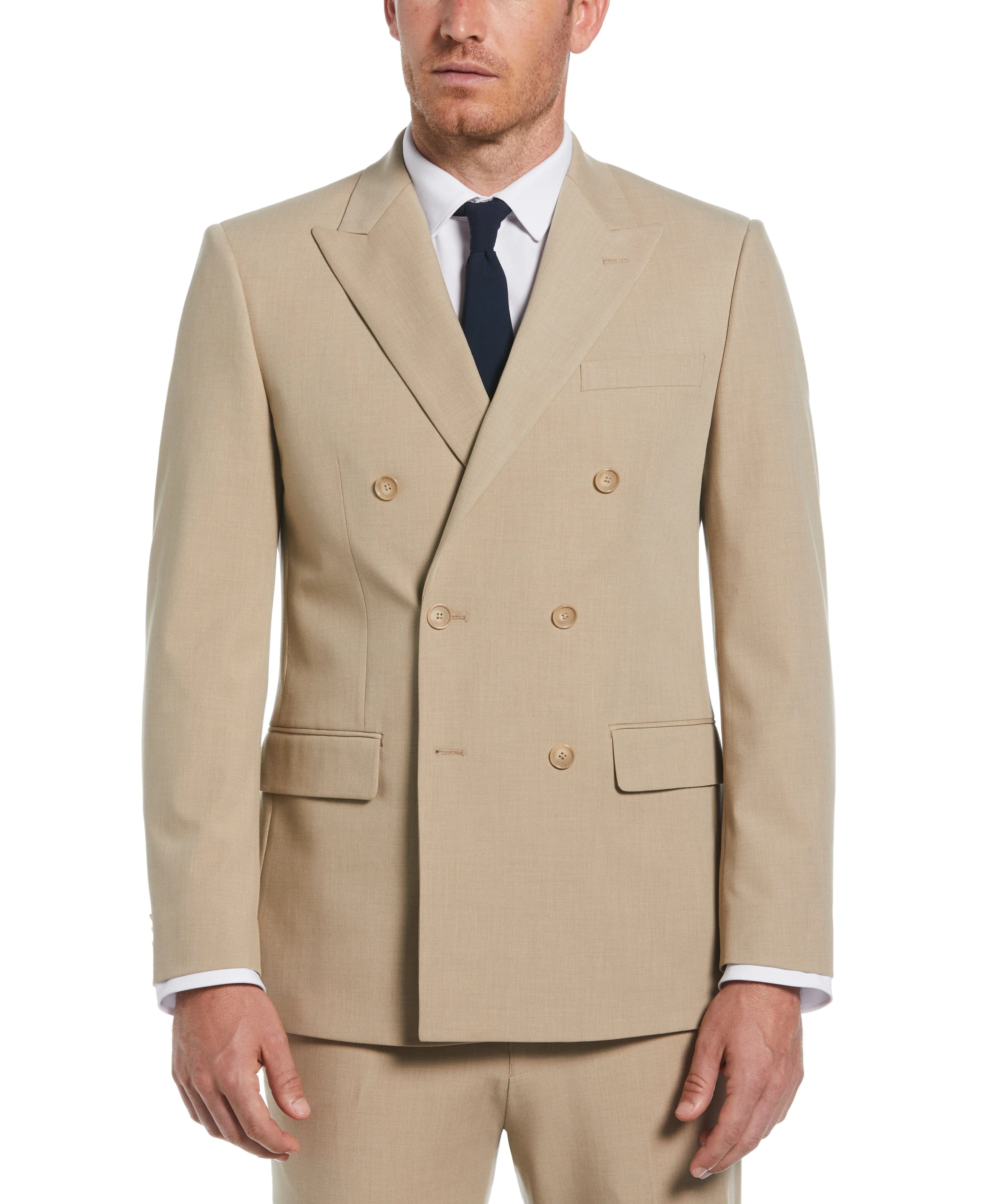 Slim Fit Tan Double Breasted Peak Lapel Suit