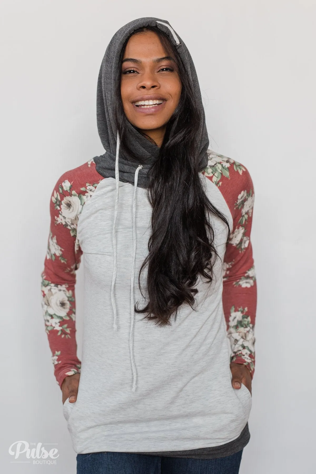 Smile Pretty Floral Drawstring Hoodie- Heather Grey