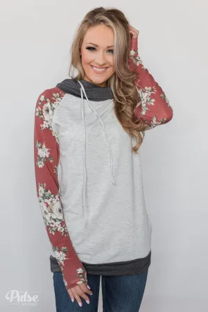 Smile Pretty Floral Drawstring Hoodie- Heather Grey