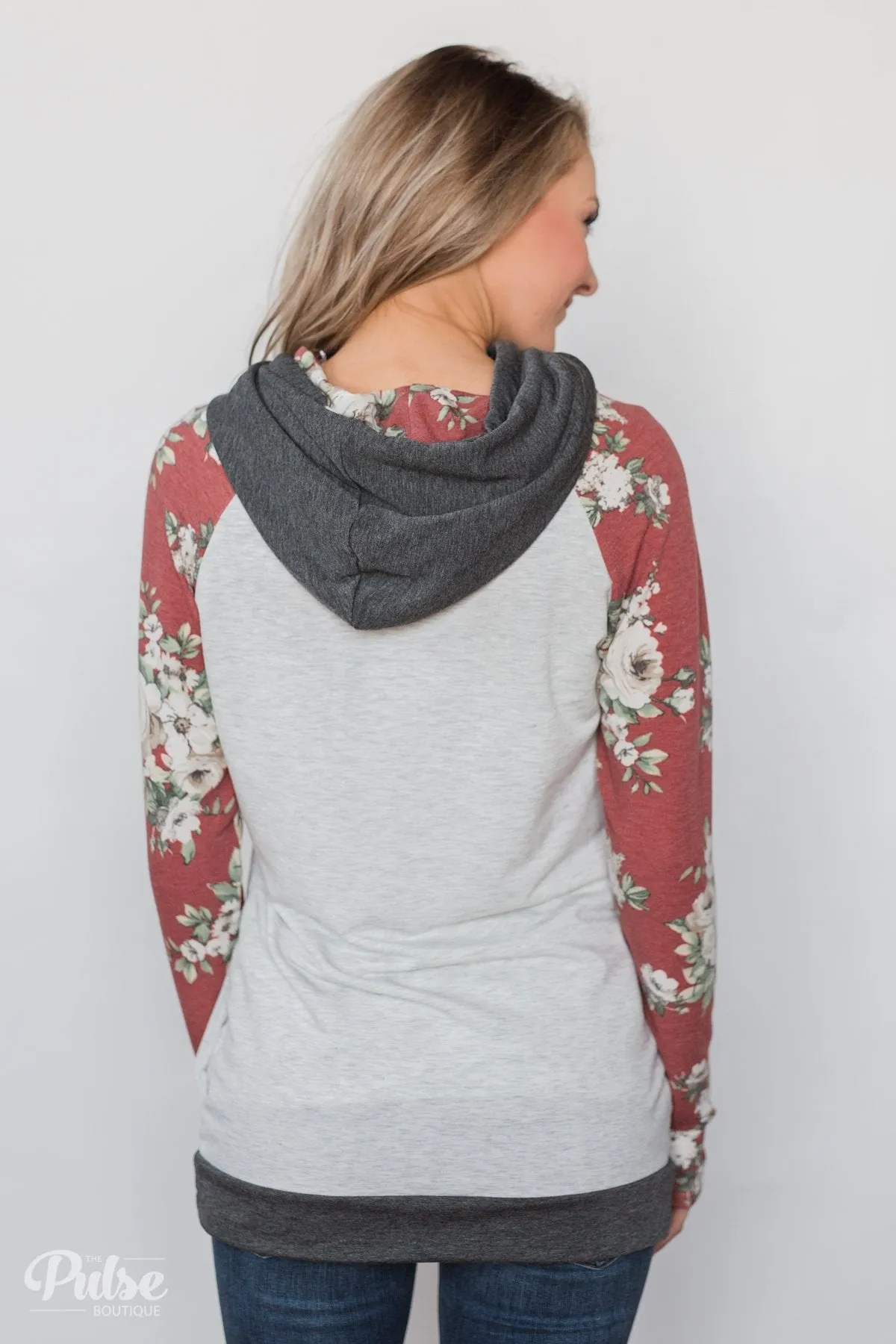Smile Pretty Floral Drawstring Hoodie- Heather Grey