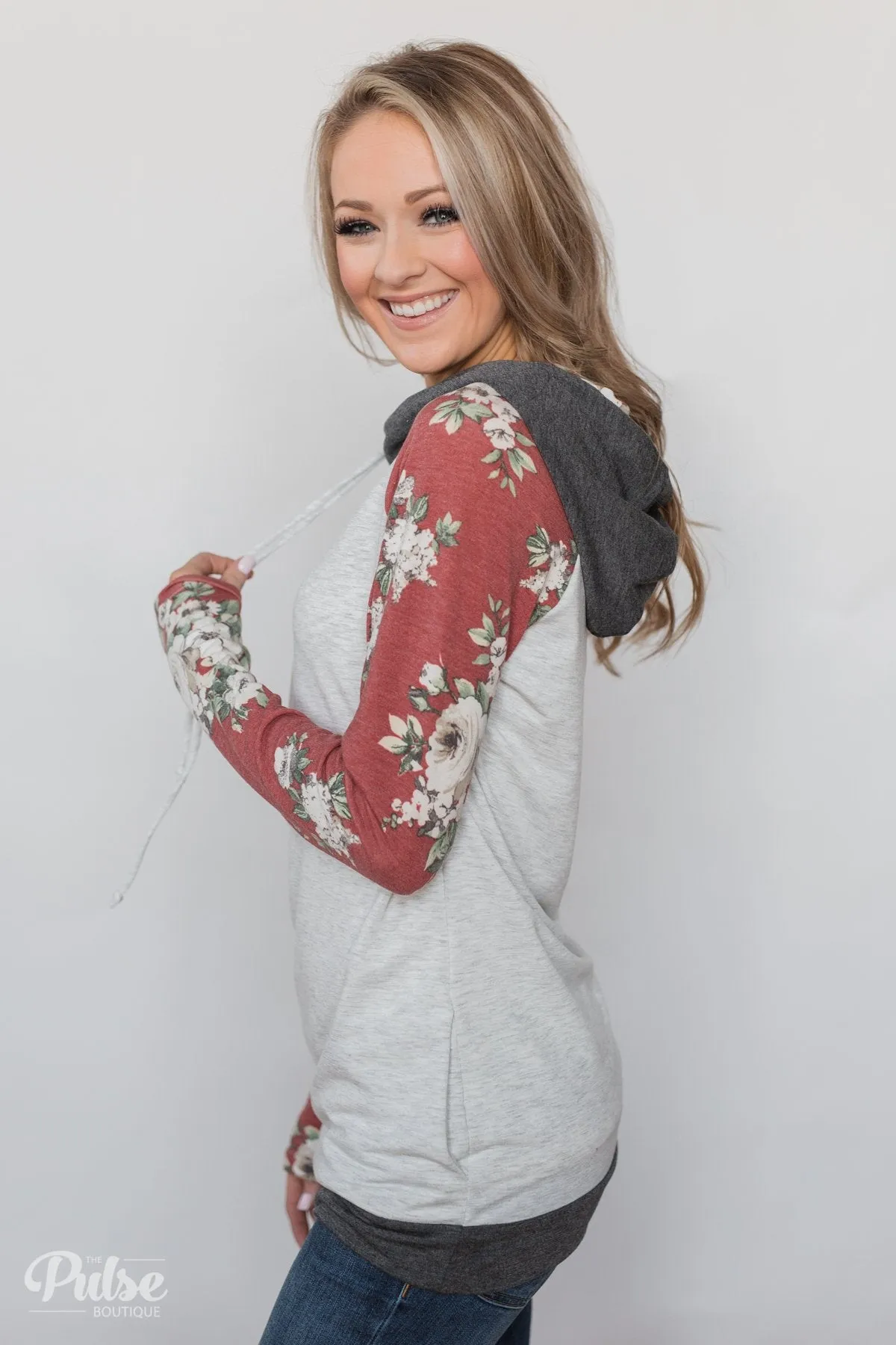 Smile Pretty Floral Drawstring Hoodie- Heather Grey