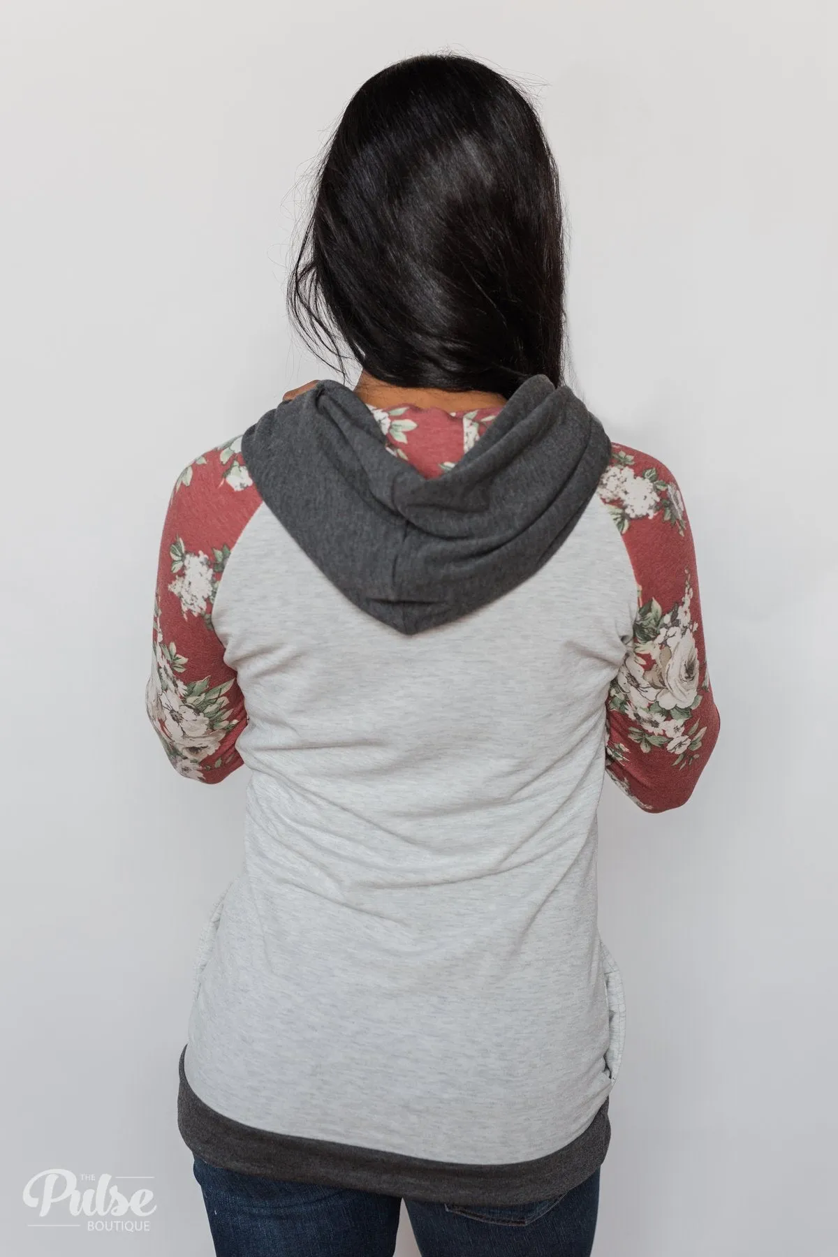 Smile Pretty Floral Drawstring Hoodie- Heather Grey