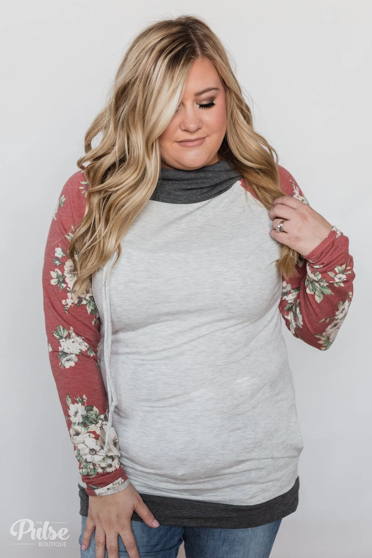 Smile Pretty Floral Drawstring Hoodie- Heather Grey