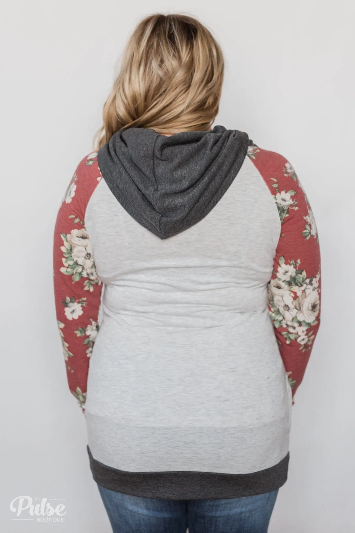 Smile Pretty Floral Drawstring Hoodie- Heather Grey