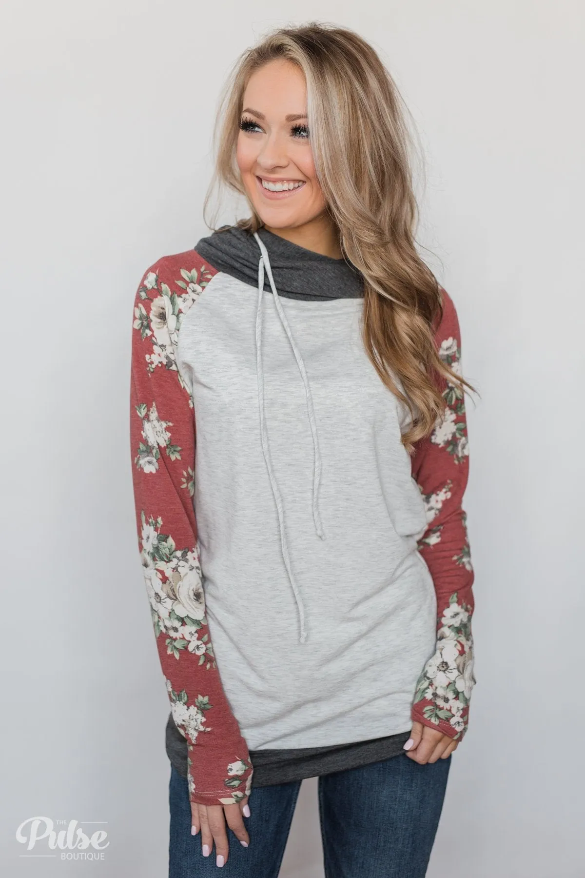 Smile Pretty Floral Drawstring Hoodie- Heather Grey