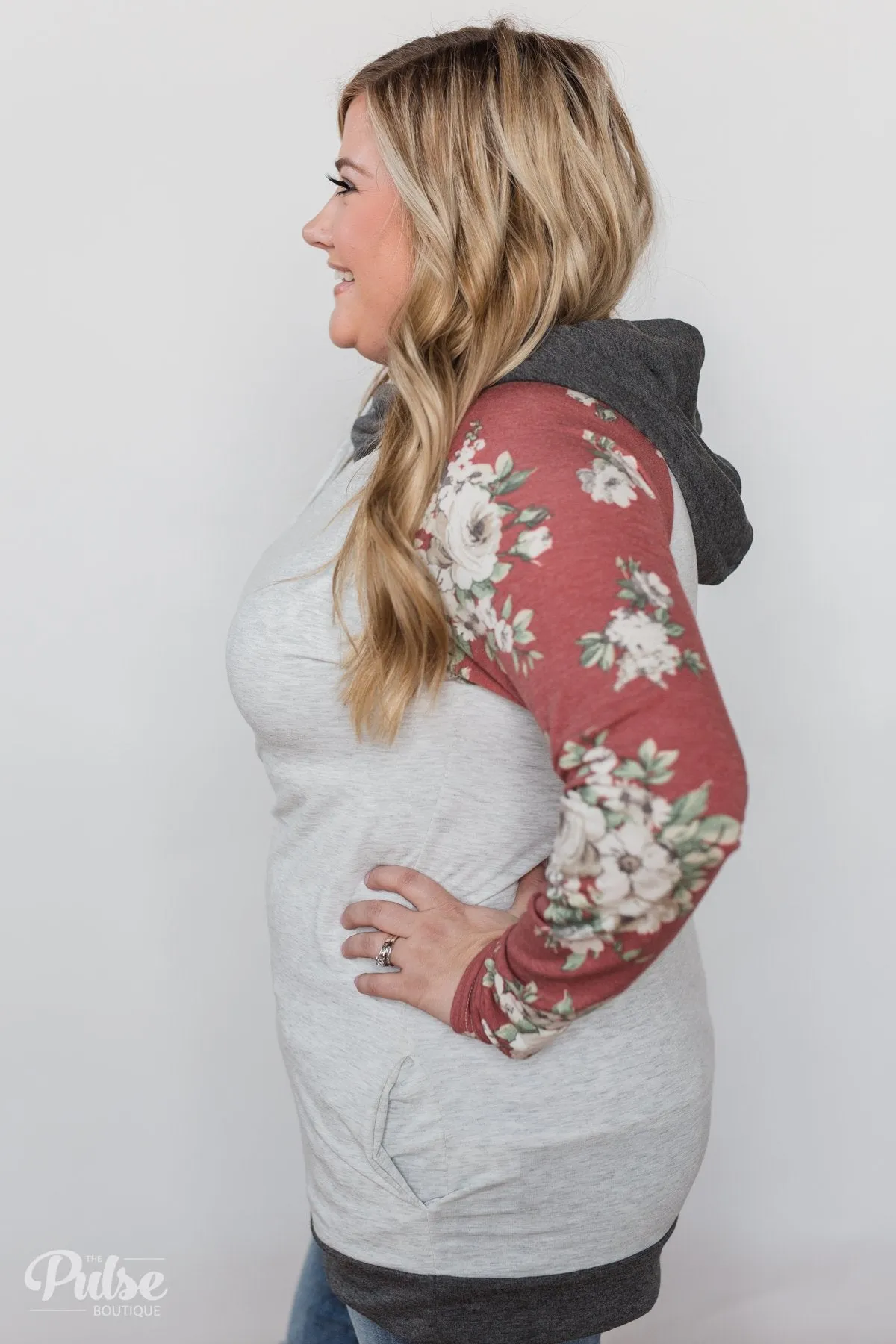 Smile Pretty Floral Drawstring Hoodie- Heather Grey