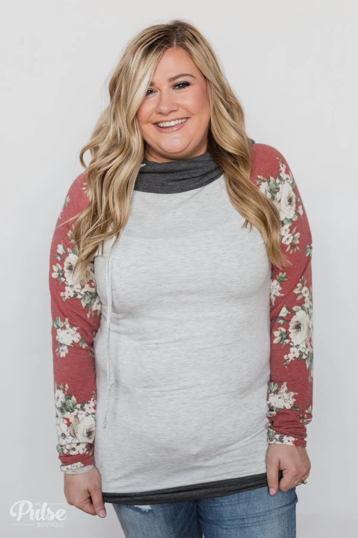 Smile Pretty Floral Drawstring Hoodie- Heather Grey