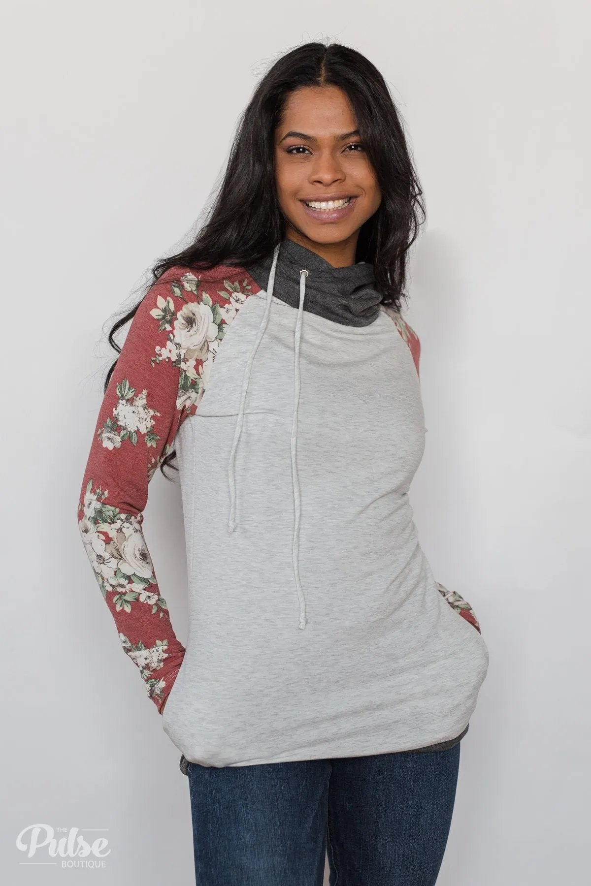 Smile Pretty Floral Drawstring Hoodie- Heather Grey