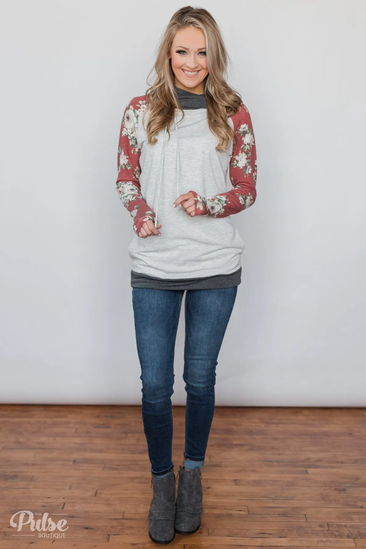 Smile Pretty Floral Drawstring Hoodie- Heather Grey