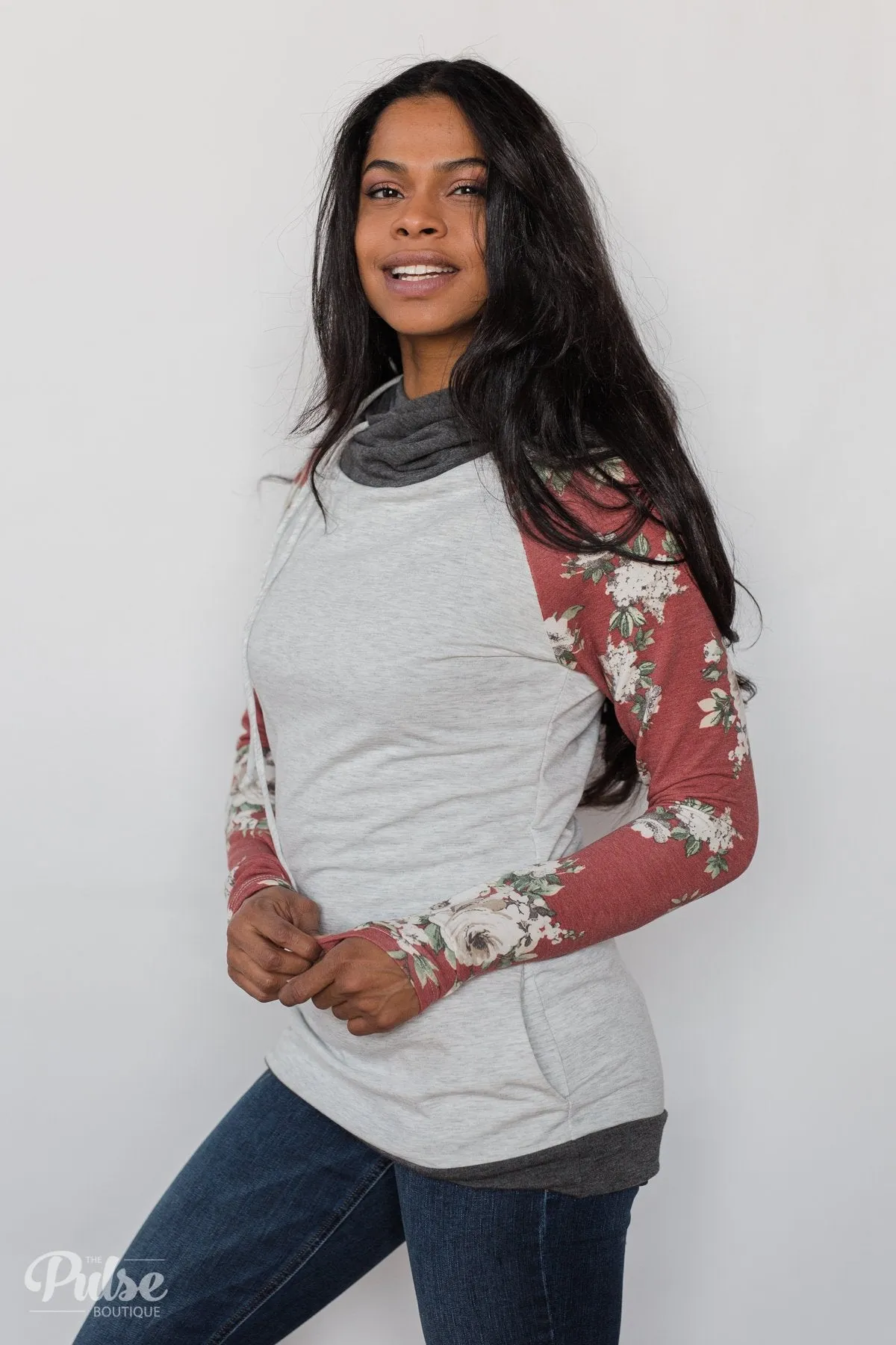 Smile Pretty Floral Drawstring Hoodie- Heather Grey